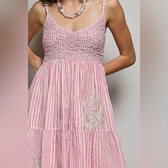 POL Pink Cotton Striped Smocked Sundress with Embroidery - Picture 4 of 6